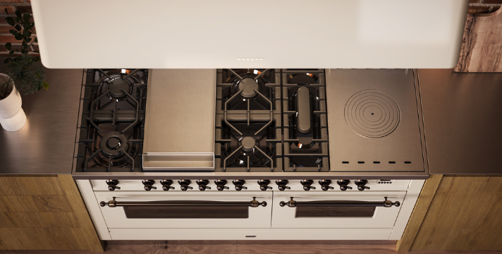 Hochwertiger Gasherd mit fünf Kochfeldern und modernen Bedienelementen in einer stilvollen Küche Oberansicht eines weißen Gasherds mit fünf Kochfeldern, Backofen und Edelstahloberfläche in einer modernen Küche