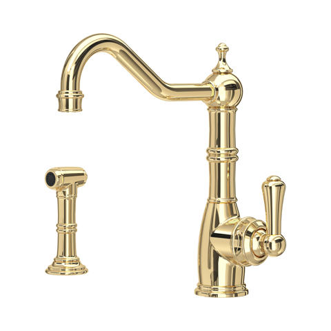 Küchenarmatur aus poliertem Messing in Gold, Einhebelmischer mit hohem schwenkbarem Auslauf und separater Seitenbrause im Retro-Design; ideal für Spülbecken