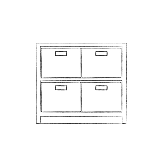 Skizze eines Schranks mit vier Schubladen und Griffen Handgezeichnete Illustration eines Schranks mit vier gleich großen Schubladen und rechteckigen Griffen