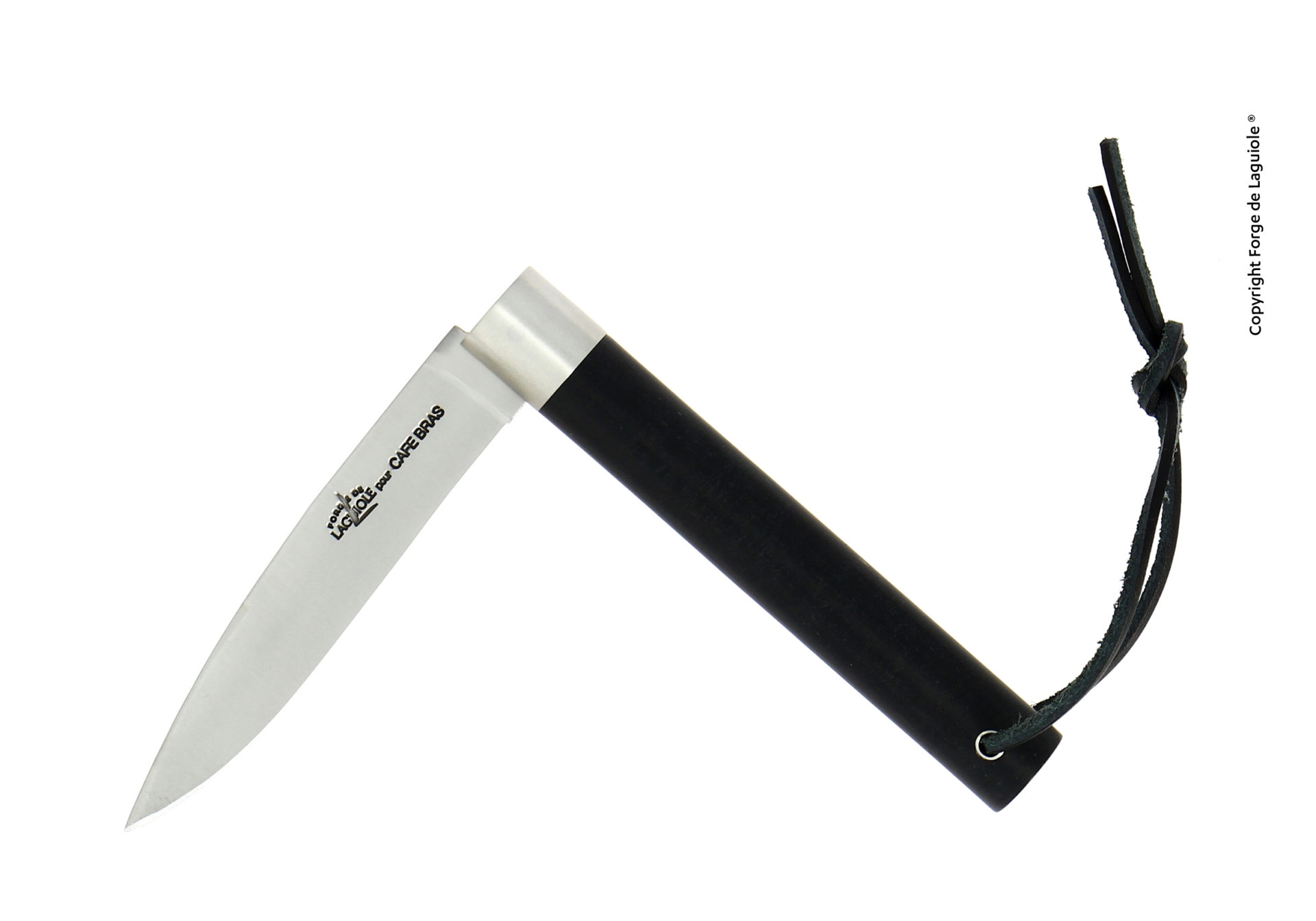 Laguiole by CAVE-BRAS Klappmesser mit schwarzem Griff und Lederschlaufe Klappmesser Laguiole by CAVE-BRAS mit Edelstahlklinge, schwarzem Griff und Lederschlaufe, geöffnet