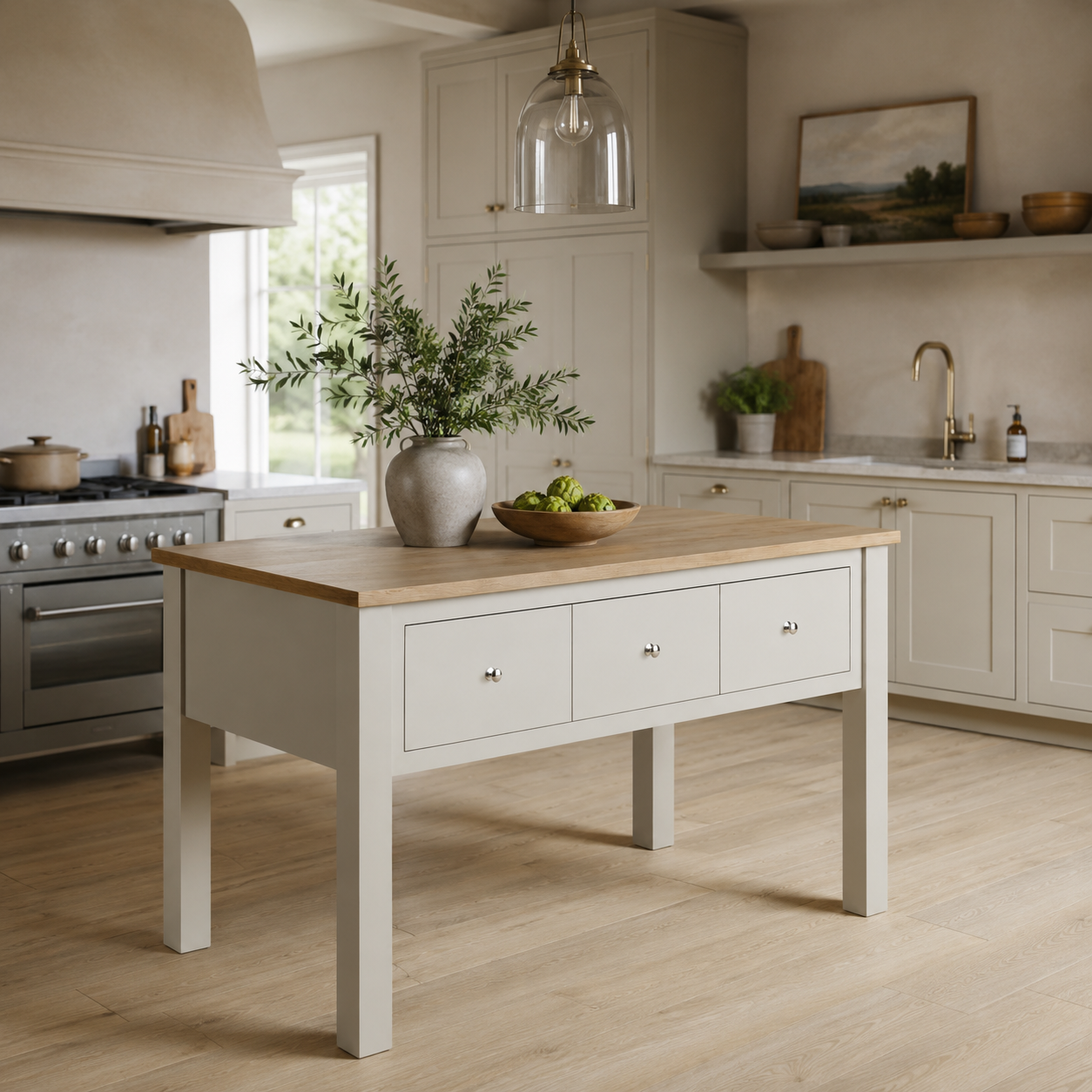 Helle Kücheninsel mit Eichen-Arbeitsplatte und drei Schubladen in Cremeweiß; freistehender Küchenarbeitstisch im modernen Landhausstil, passend zu Einbauküche und Herd