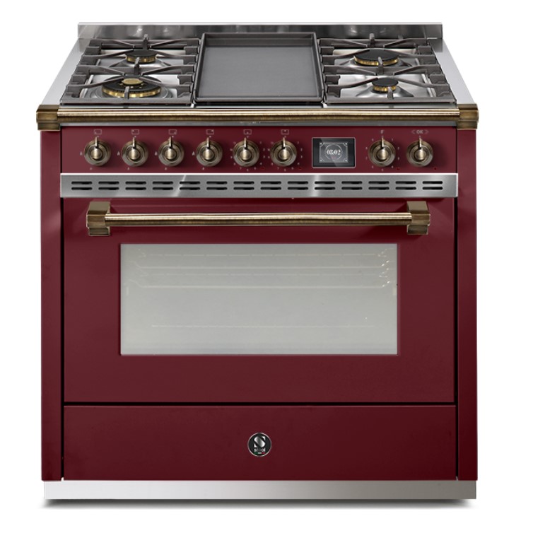 Eleganter bordeauxroter Standherd mit mehreren Gas-Kochfeldern, Backofen und goldfarbenen Akzenten im Retro-Look