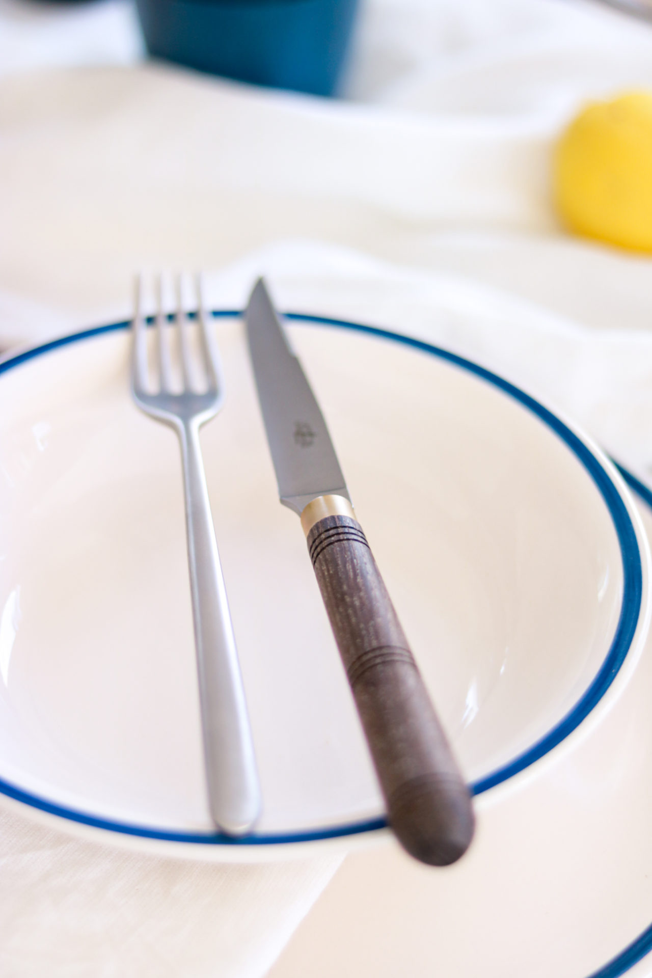 Teller mit blauem Rand, darauf eine Gabel und ein Messer mit Holzgriff Weißer Teller mit blauem Rand, darauf eine silberne Gabel und ein Messer mit braunem Holzgriff auf einem hellen Tischtuch