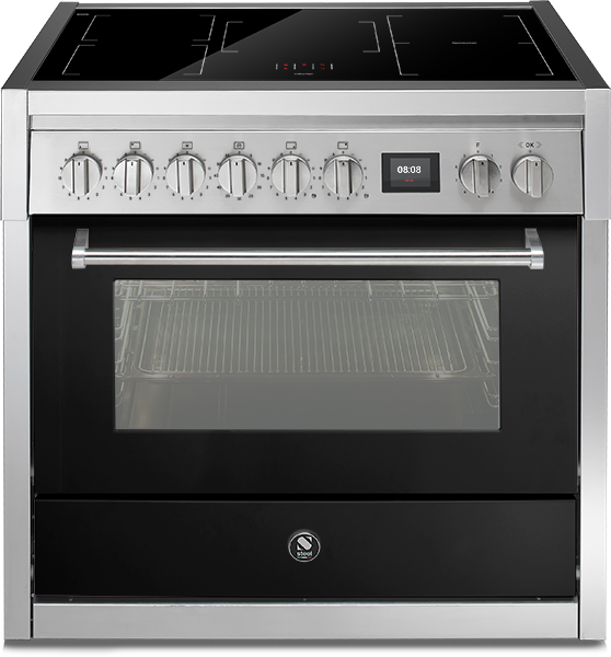 Großer Backofen aus Edelstahl mit Induktionskochfeld, sieben Drehreglern und digitalem Display, geeignet für modernes Kochen