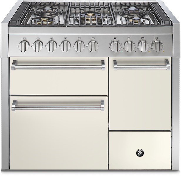 Exklusiver Edelstahl-Gasherd mit mehreren Backöfen und cremefarbenen Fronten für Ihre moderne Küche Moderner Gasherd mit Edelstahl-Oberfläche, mehreren Backöfen und cremefarbenen Türen für die Küche