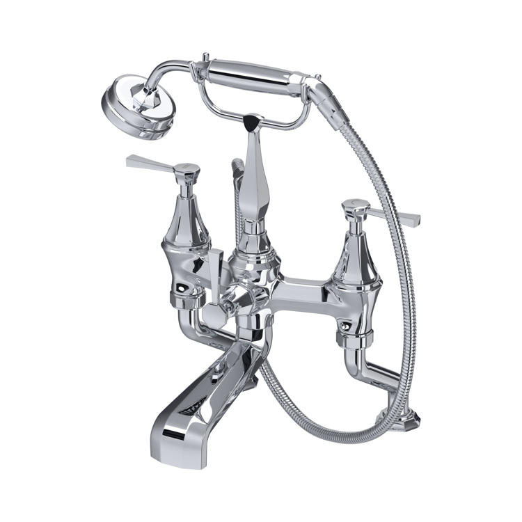 Hochglanz-chrome Retro-Badewannenarmatur mit Auslauf, Zweigriff-Mischer, Umsteller und flexibler Handbrause – eleganter Wannenfüller für das klassische Bad