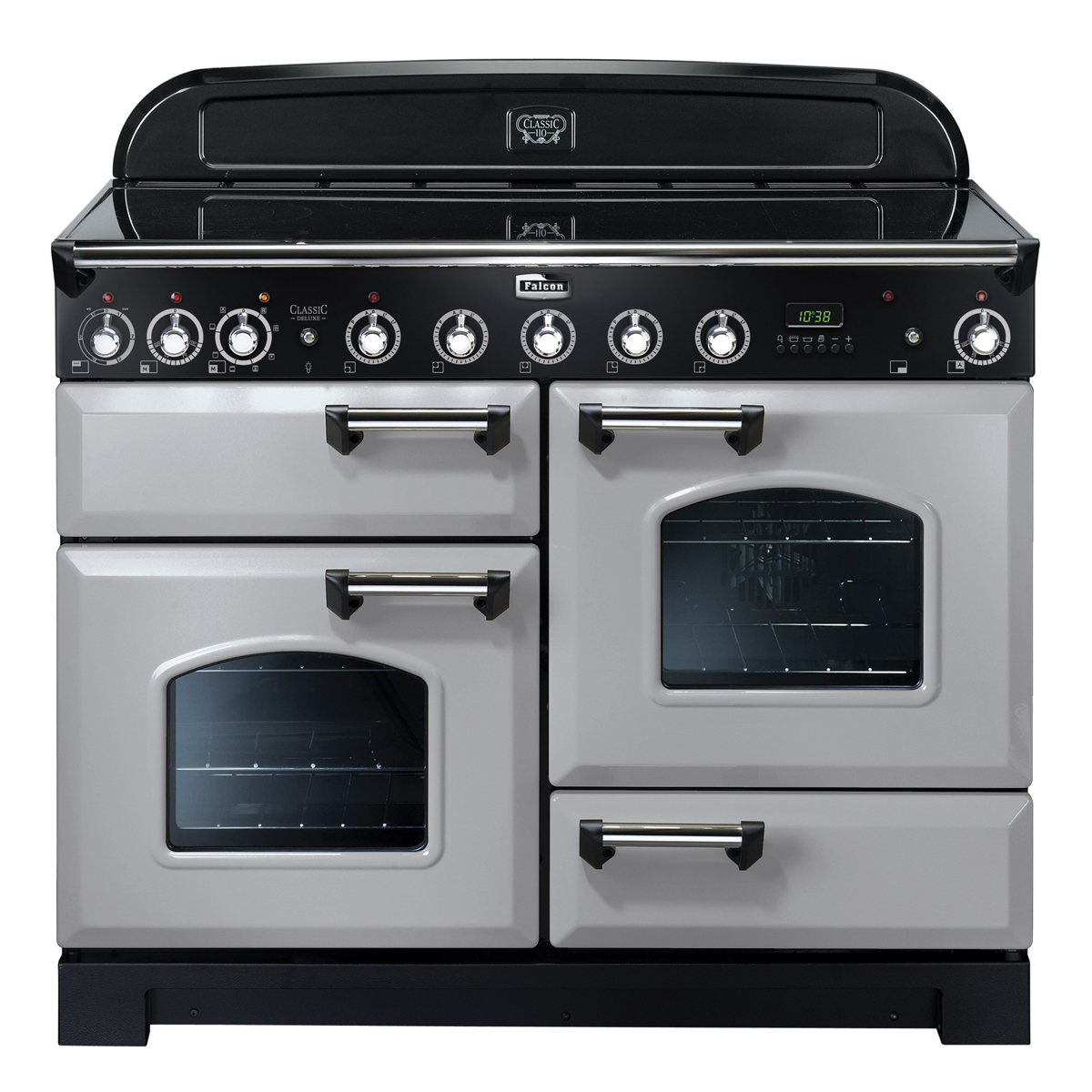 Falcon Classic Deluxe 110 Induktionsherd mit vier Türen und sieben Bedienelementen, silber-schwarz, freistehend
