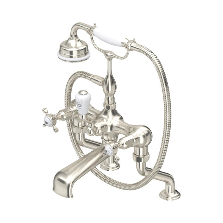 Perrin & Rowe Traditional 3501 Badewannenarmatur mit Handbrause und Kreuzgriffen in Nickel matt