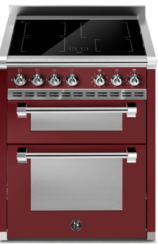 Bordeauxroter Induktionsherd mit 2 Öfen und Glaskochfeld