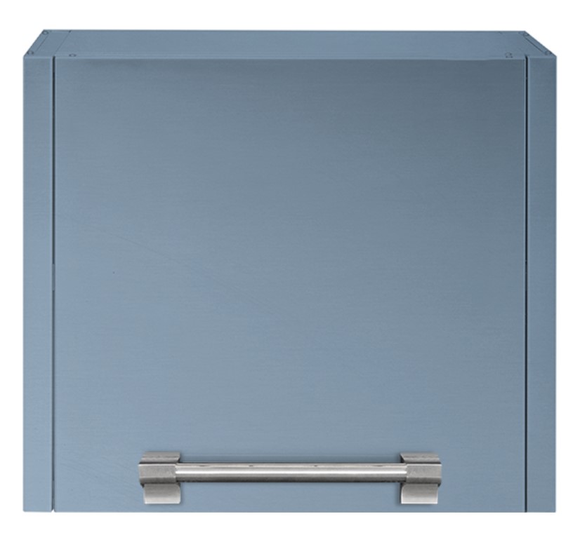 Moderner blauer Küchenschrank mit silbernem Griff – Frontansicht Blauer Küchenschrank mit Metallgriff, schlichte Frontansicht, modernes Design