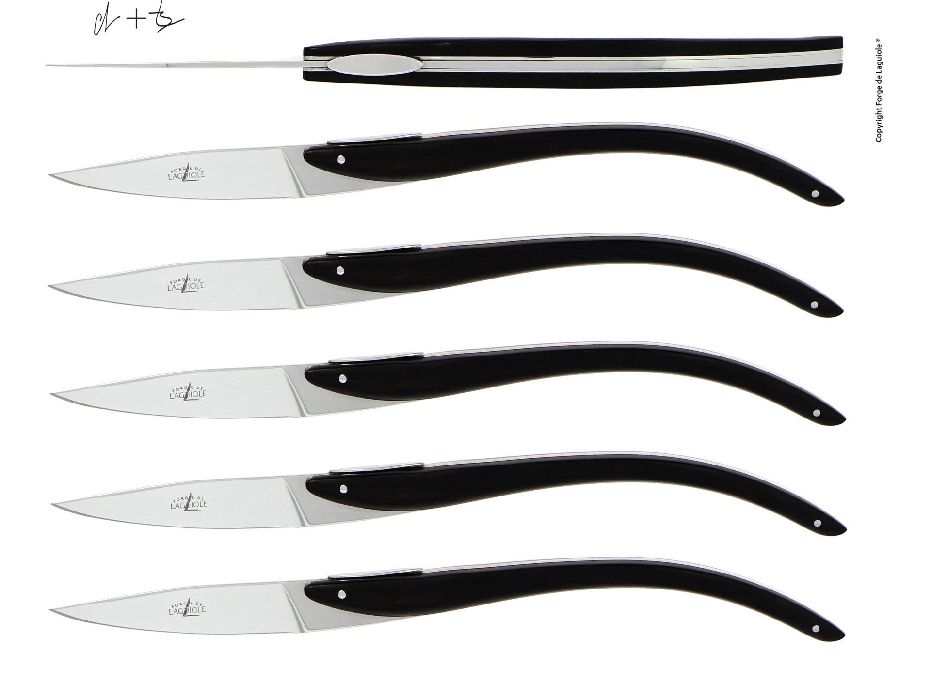 Set mit 6 hochwertigen Steakmessern von Forge de Laguiole mit schwarzen Griffen, edles Besteck für stilbewusstes Essen Sechs Steakmesser von Forge de Laguiole mit eleganten schwarzen Griffen, nebeneinander angeordnet, Ansicht von der Seite und von oben