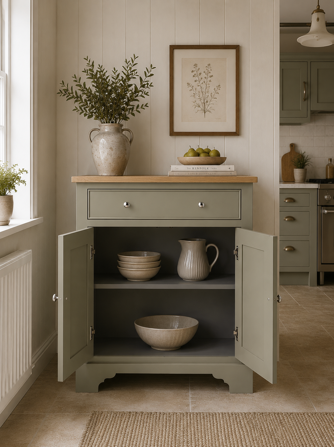 Offenes Sideboard in Salbeigrün mit massiver Eichenplatte, 1 Schublade und 2 Türen; innen Regale mit Geschirr – stilvolle Küchenkommode im Landhausstil, ideal für Stauraum und Dekoration