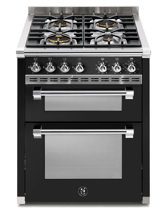 Frontansicht eines freistehenden Gasherds mit vier Kochfeldern und zwei Backöfen, Gehäuse in Schwarz und Edelstahl