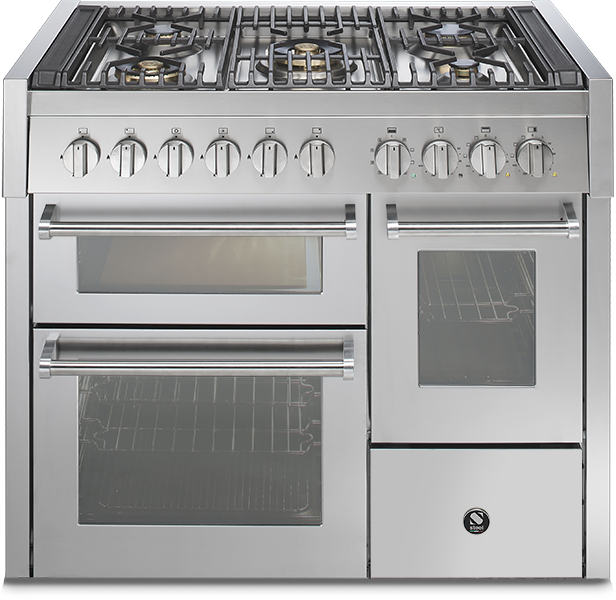 Professioneller Gasherd mit Edelstahlgehäuse, sechs Kochfeldern und drei Backöfen Großer Edelstahl-Gasherd mit sechs Kochfeldern, drei Backöfen und Bedienknöpfen, ideal für die moderne Küche
