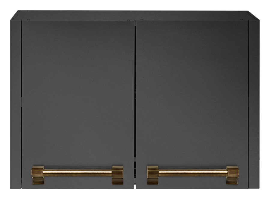 Hängeschrank in Schwarz mit zwei Türen und goldfarbenen Griffen Schwarzer Hängeschrank mit zwei Türen und goldenen Griffen, modern und elegant für Küche oder Bad