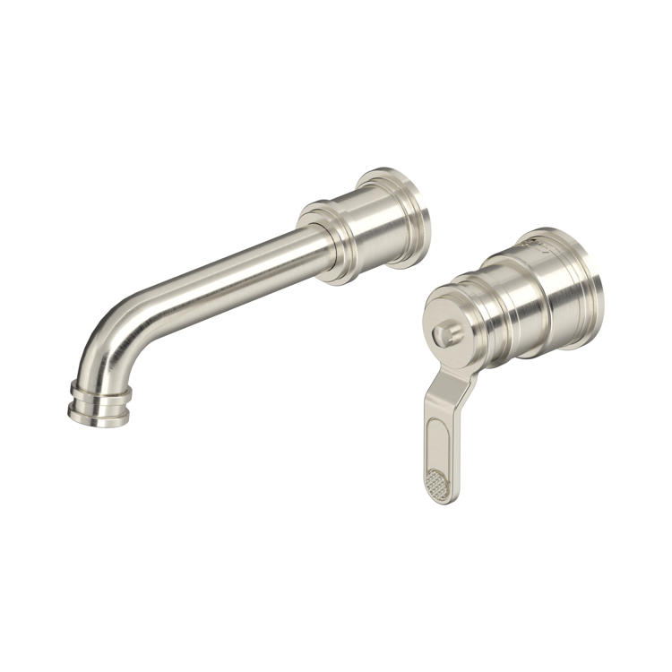 2-teilige Wand-Waschtischarmatur in gebürstetem Nickel: gebogener Auslauf und Einhebelmischer, klassisches Design für Badwaschbecken