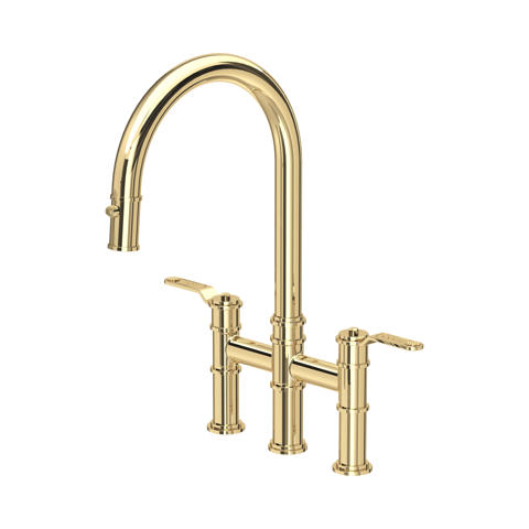 Goldene Küchenarmatur mit zwei Hebeln und hohem gebogenem Auslauf in Bridge-Bauweise, poliertes Messing