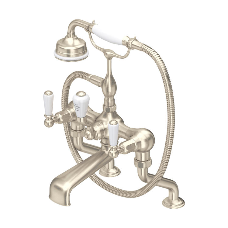 Perrin & Rowe Traditional 3500 Badewannenarmatur mit Handbrause und Hebelgriffen in Nickel matt