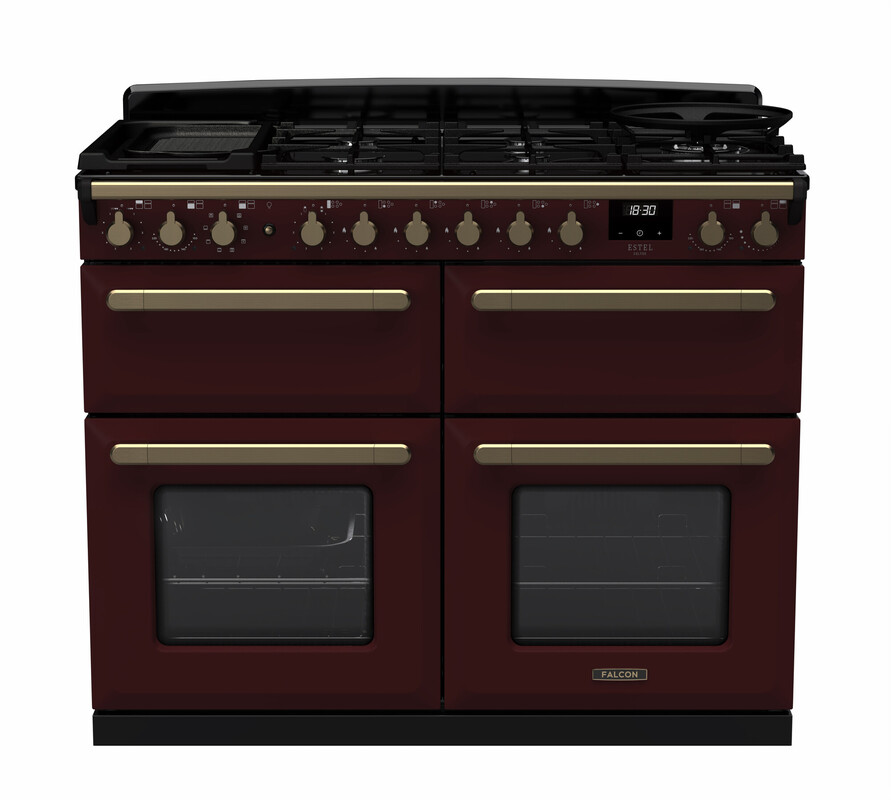 Roter Herd im Retro-Design mit sechs Brennern und Doppelbackofen, ideal für stilvolles Kochen
