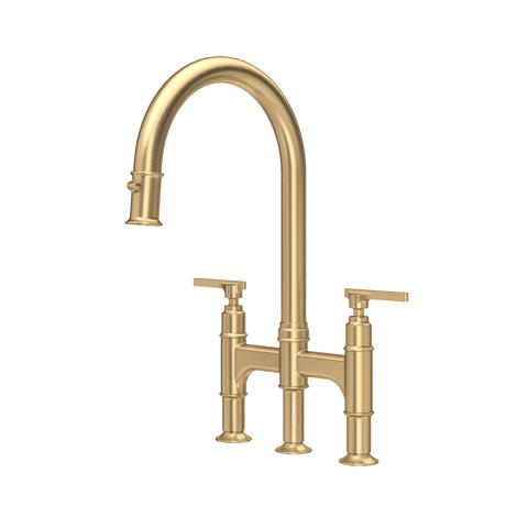 Elegante Küchenarmatur mit hohem Bogen-Auslauf im Zweigriff-Bridge-Design, goldenes Messing; ideal für die Spüle, präzise Regelung von Temperatur und Durchfluss
