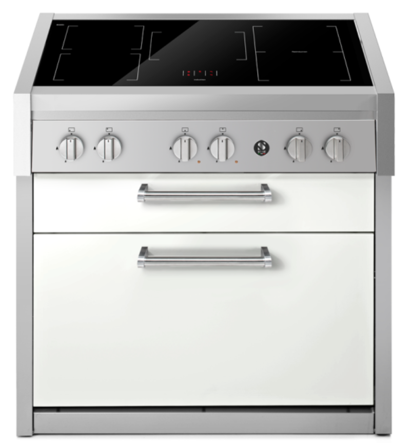 Freistehender Herd mit Induktionskochfeld, fünf Bedienknöpfen und großem Backofen in modernem Design
