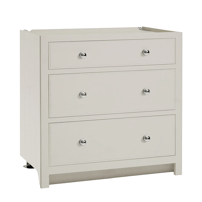 Moderne weiße Kommode mit drei Schubladen und silbernen Griffen für Schlafzimmer oder Wohnzimmer Weiße Kommode mit drei Schubladen und silberfarbenen Knäufen, geeignet für Aufbewahrung im Wohn- oder Schlafzimmer