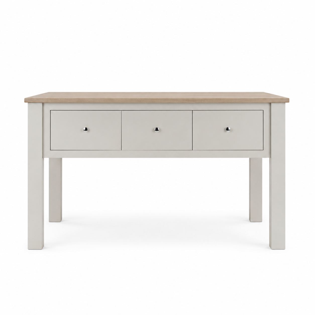 Produktfoto: grauer Konsolentisch aus Holz mit naturfarbener Eichenplatte, drei Frontschubladen und Metallknöpfen; ideal als Flurtisch oder Sideboard