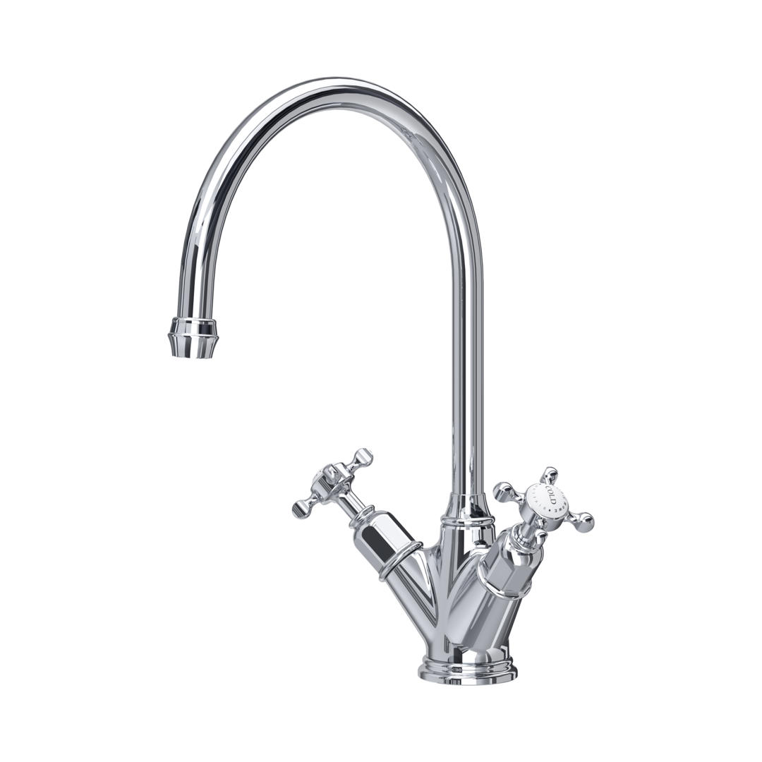 Glänzende Retro-Spültischarmatur aus Chrom mit hohem gebogenem Auslauf und zwei Kreuzgriffen für Warm- und Kaltwasser