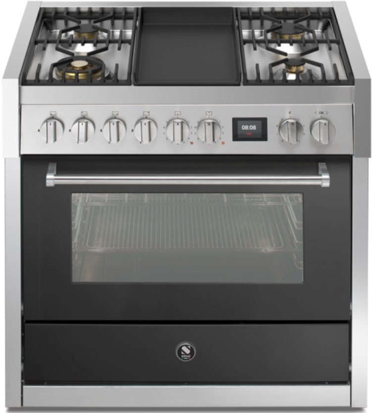 Freistehender Gasherd, 4 Brenner, Grillplatte, Edelstahl
