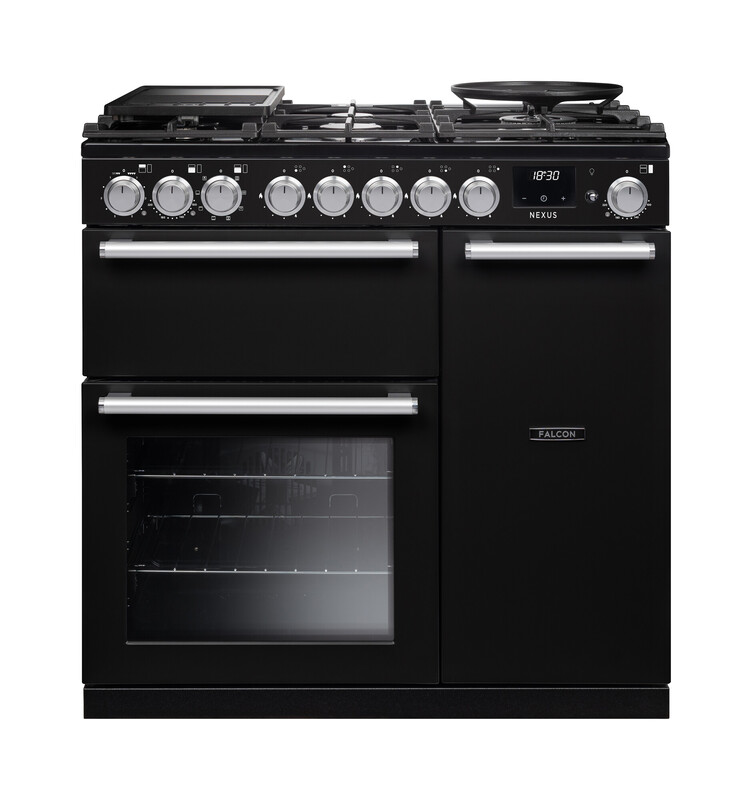 Falcon Nexus 110 cm Range Cooker in Schwarz mit mehrflammigem Gas-Kochfeld, Wok-Ring und Warmhalteplatte, Doppelbackofen, separatem Grill und Stauraum – eleganter freistehender Herd für moderne Küchen