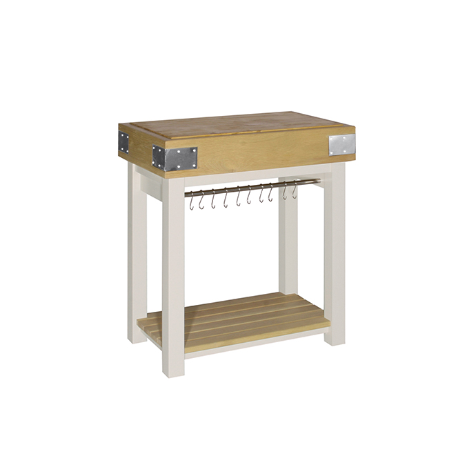 Küchenblock aus Holz mit Metallbeschlägen, Hakenleiste und Ablage, geeignet als Arbeitsfläche oder Beistelltisch Moderner Küchenblock aus Holz mit Hakenleiste und Ablageboden, stabile Verarbeitung und Metallbeschläge an den Ecken