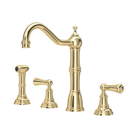 Goldene Küchenarmatur im 4-Loch-Set: hoher Schwenkauslauf, zwei Griffe und separate Seitenbrause, poliertes Messing, klassischer Stil für Spülbecken