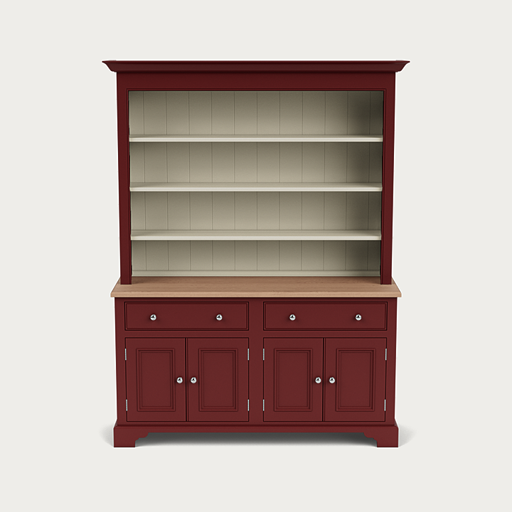 Roter Landhaus-Buffetschrank aus Holz: offenes Aufsatzregal mit 3 Einlegeböden, helle Rückwand, Holzplatte, darunter 3 Schubladen und 4 Türfächer – ideal für Küche oder Wohnzimmer