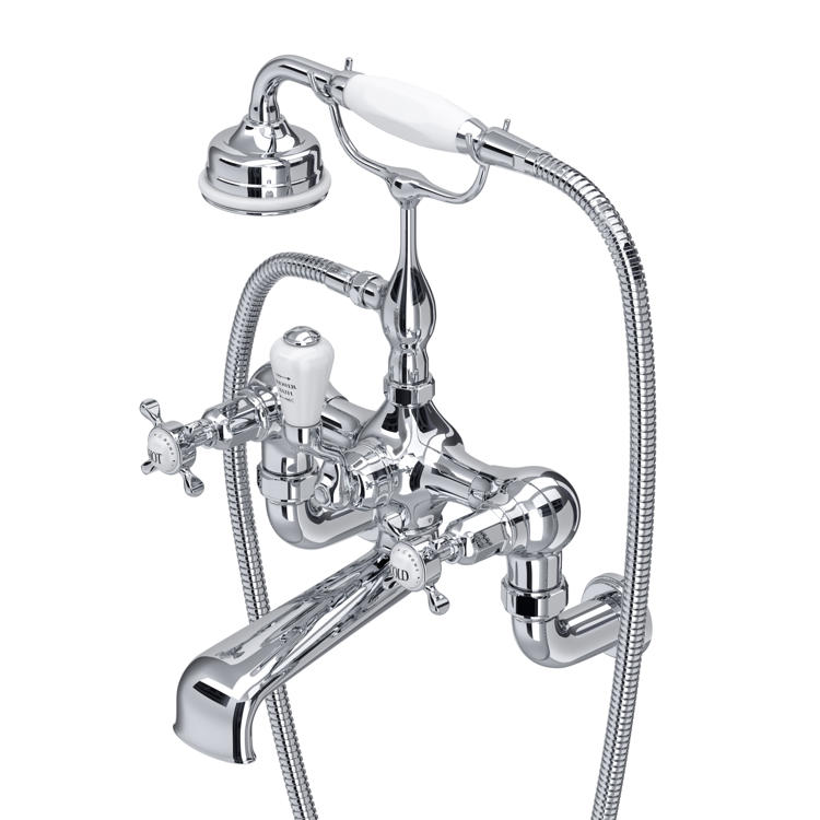 Perrin & Rowe Traditional 3511 Badewannenarmatur mit Handbrause und Kreuzgriffen für Wandmontage in Chrom
