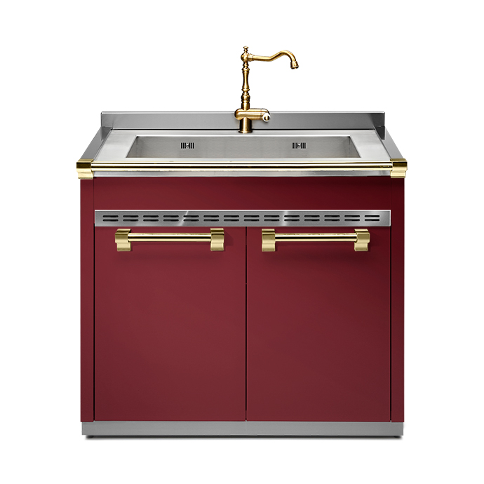 Küchenunterschrank mit Spülbecken und goldener Armatur in Bordeaux-Rot Moderner Küchenunterschrank in Bordeaux-Rot mit Edelstahlspüle, goldfarbenen Griffen und goldener Armatur