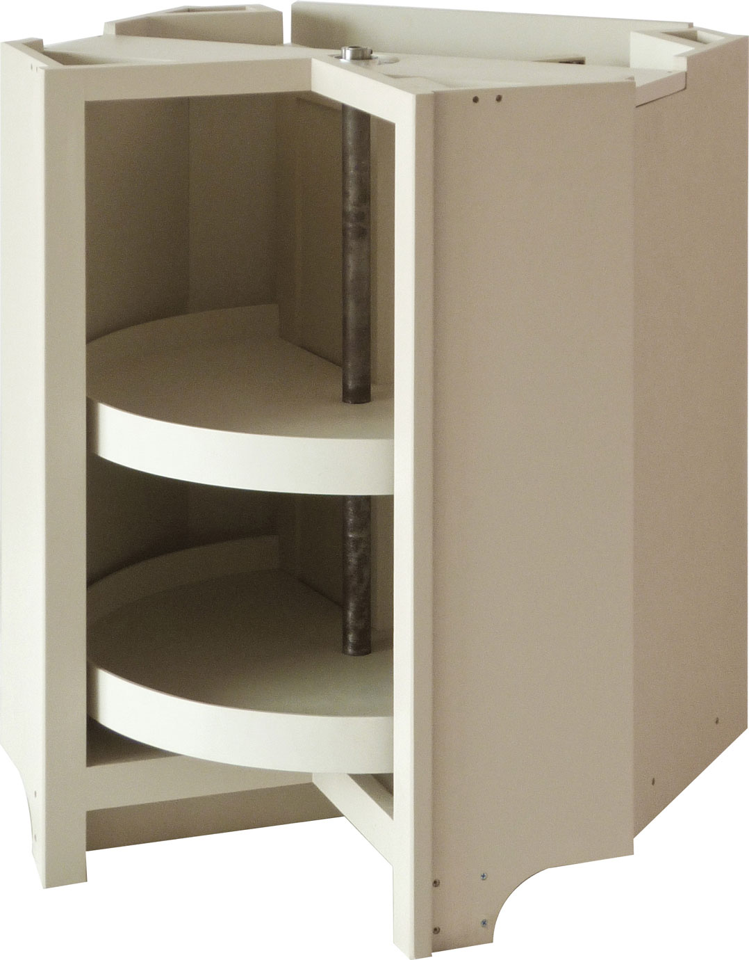 Eckunterschrank mit drehbarem Rondell für die Küche, ohne Türen, cremefarben Offener Eckunterschrank mit zwei drehbaren Rundböden (Rondell), ideal zur Aufbewahrung in Küchenecken, cremefarben