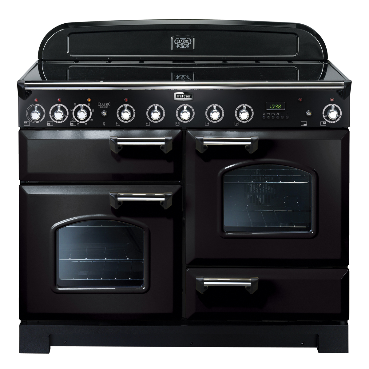 Falcon Classic Deluxe 110 Induktionsherd in Schwarz mit mehreren Öfen und Drehknöpfen Schwarzer Falcon Classic Deluxe 110 Induktionsherd mit vier Backofentüren, Bedienfeld mit Drehknöpfen und Digitalanzeige