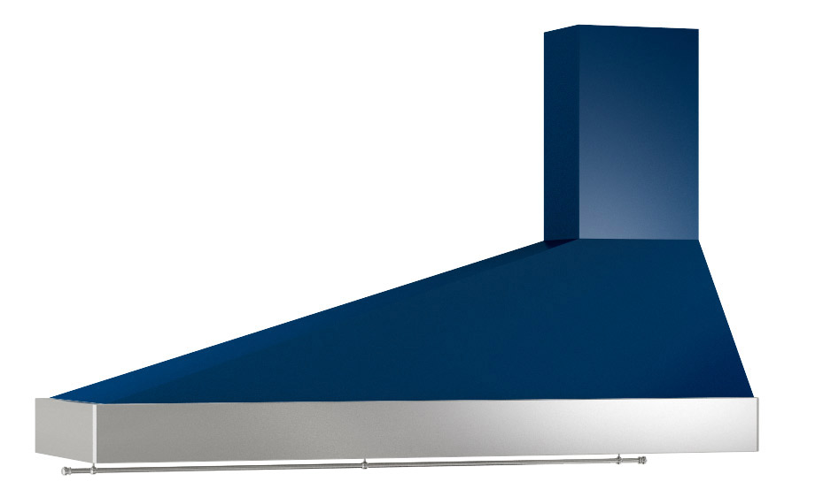 Schräge blaue Dunstabzugshaube mit Edelstahlrahmen und modernem Design