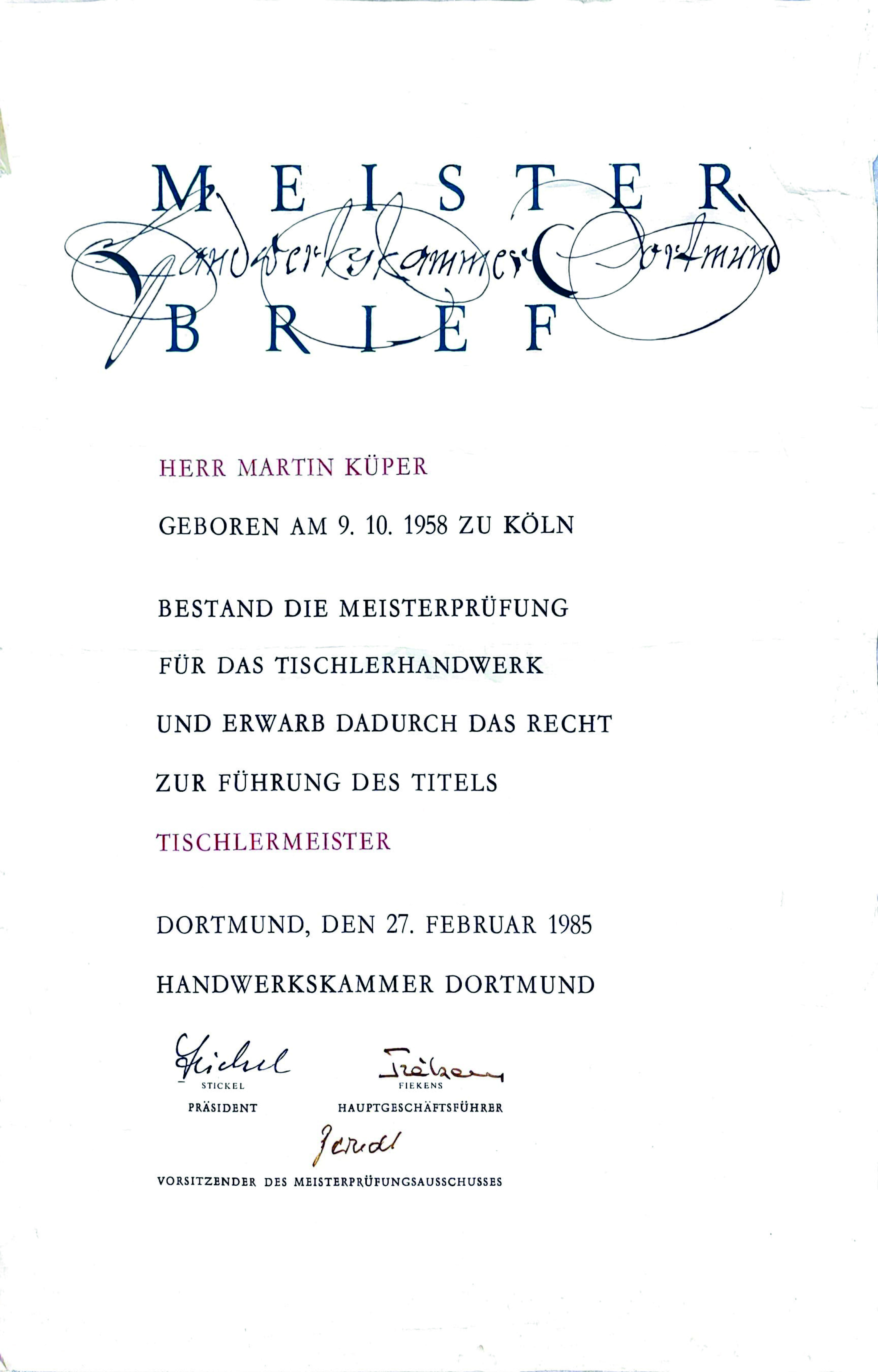 Meisterbrief Martin Küper – Tischler-Meisterbetrieb