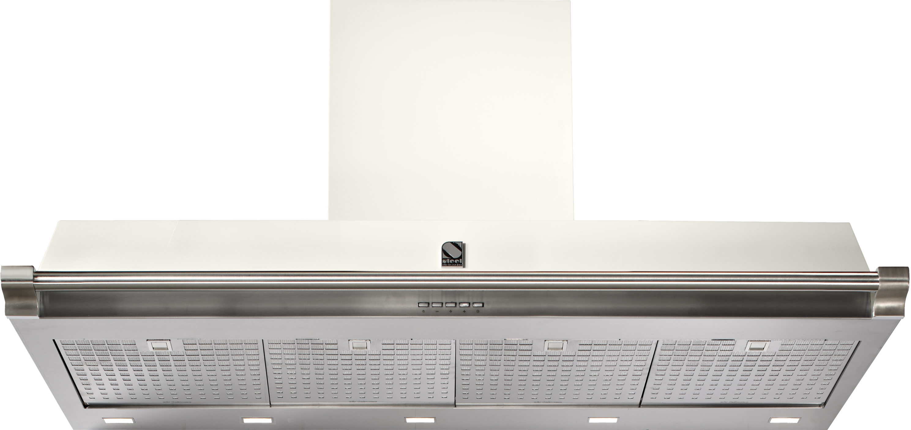 Frontansicht einer modernen Edelstahl-Dunstabzugshaube mit Bedienfeld und Metall-Fettfiltern, geeignet für den Einsatz in der Küche