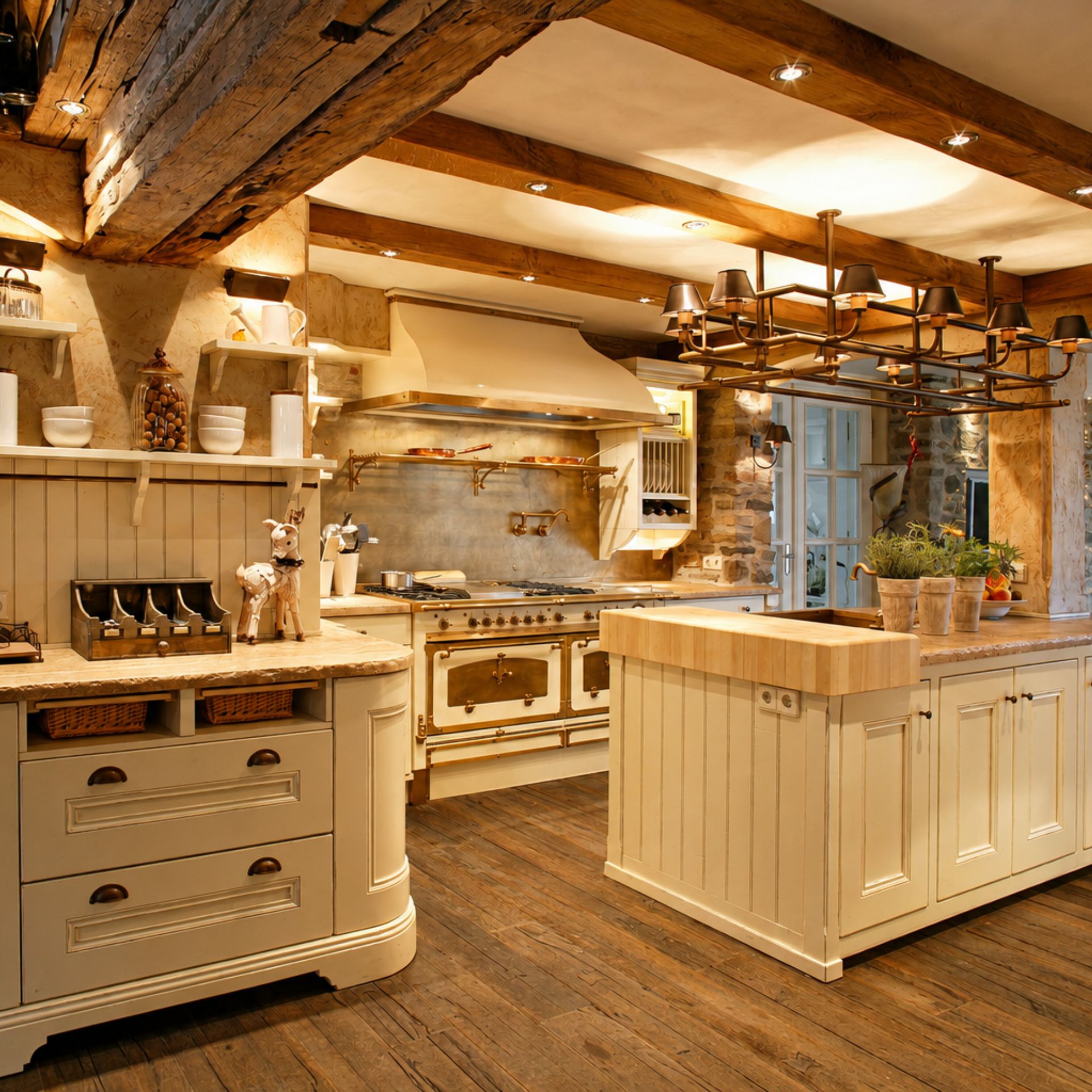 Rustikale Landhausküche: cremefarbene Schränke, große Kücheninsel mit Holzarbeitsplatte, Gasherd im Retrodesign, Holzboden und Deckenbalken – ideal für hochwertige Küchenmöbel und Einrichtung