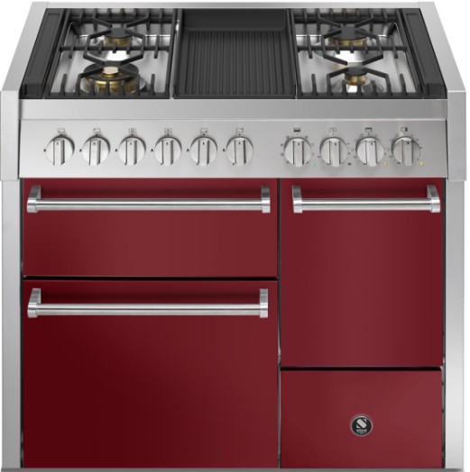 Bordeauxroter Gas-Standherd mit 5 Brennern und Grillplatte