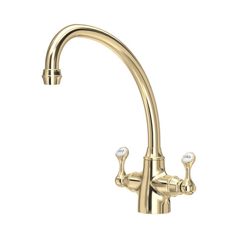 Goldfarbene Küchenarmatur aus Messing, Zweigriff für Warm/Kalt, hoher schwenkbarer Auslauf im nostalgischen Retro-Design – ideal für das Spülbecken in der Küche