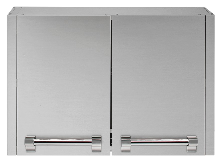 Edelstahl Doppeltür für Außenküchen, wetterfest, modernes Design, ideal zur Aufbewahrung von Grillzubehör Zwei glänzende Edelstahltüren mit robusten Griffen, geeignet für den Einbau in Außenküchen oder Grillstationen