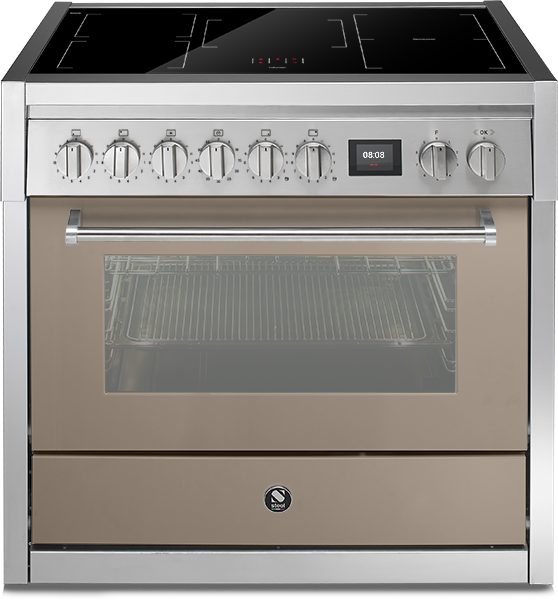 Induktionsherd mit Backofen in Edelstahl und Glastür, modernes Design Moderner Edelstahl-Standherd mit Induktionskochfeld, Backofen und Glasfront, mehrere Bedienelemente und Digitalanzeige