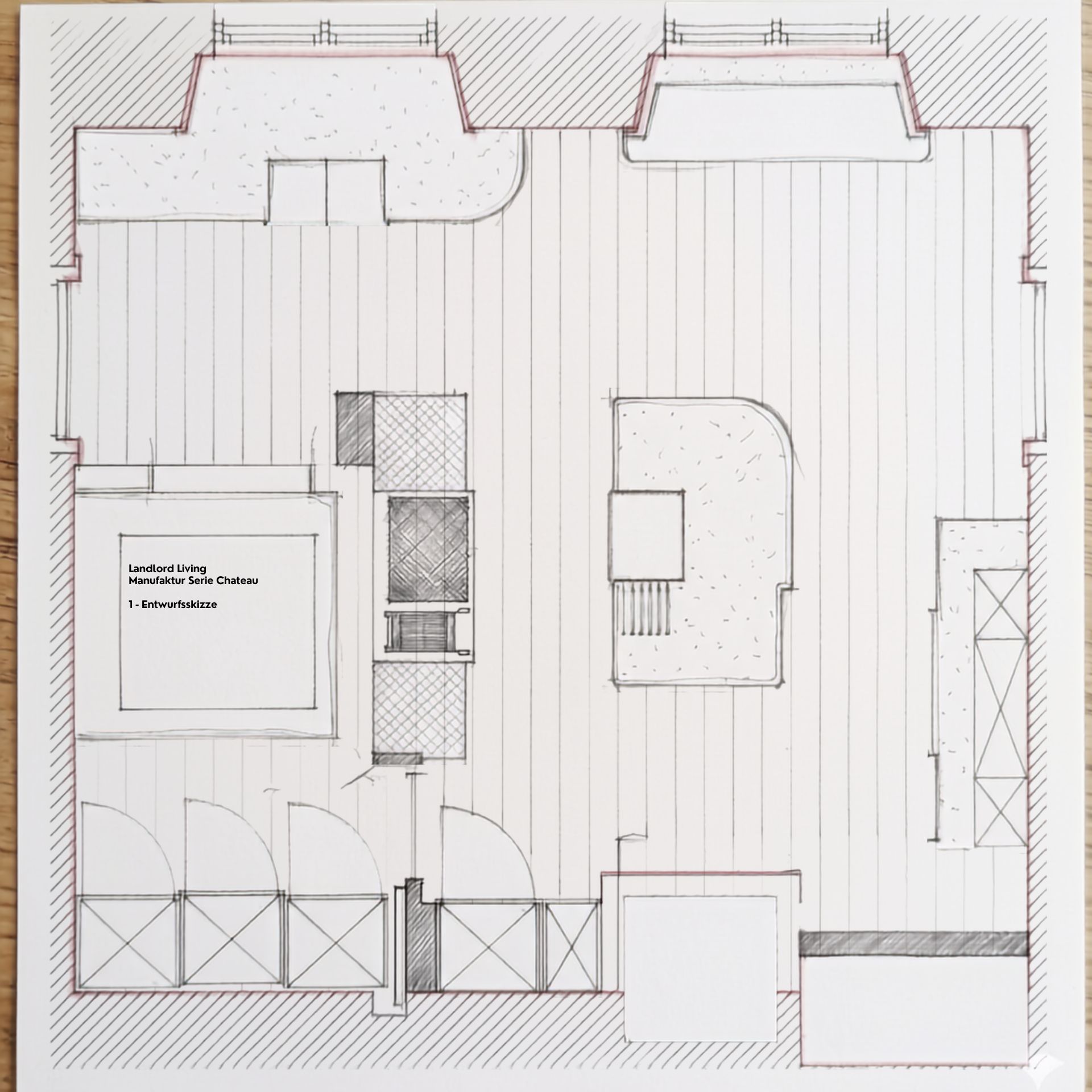 Architektenzeichnung: Raumgrundriss mit Dielenverlauf und Einbaumodulen, Planung eines Parkettbodens der Manufaktur Serie Chateau von Landlord Living