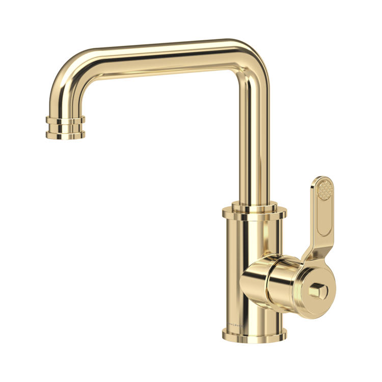 Produktfoto: Einhebel-Küchenarmatur in Gold, poliert, L-förmiger Auslauf, drehbar – ideal für die Spüle, hochwertige Messing-Optik