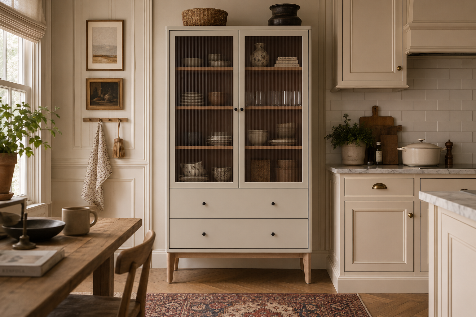 Cremefarbene Vitrine für die Küche mit gerillten Glastüren, Holzregalen und zwei großen Schubladen; dekoriert mit Keramik und Gläsern – idealer Stauraum im modernen Landhausstil
