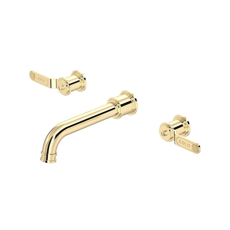 Elegante goldene 3-Loch-Waschtisch-Wandarmatur mit gebogenem Auslauf und separaten Warm- und Kaltwasserhebeln