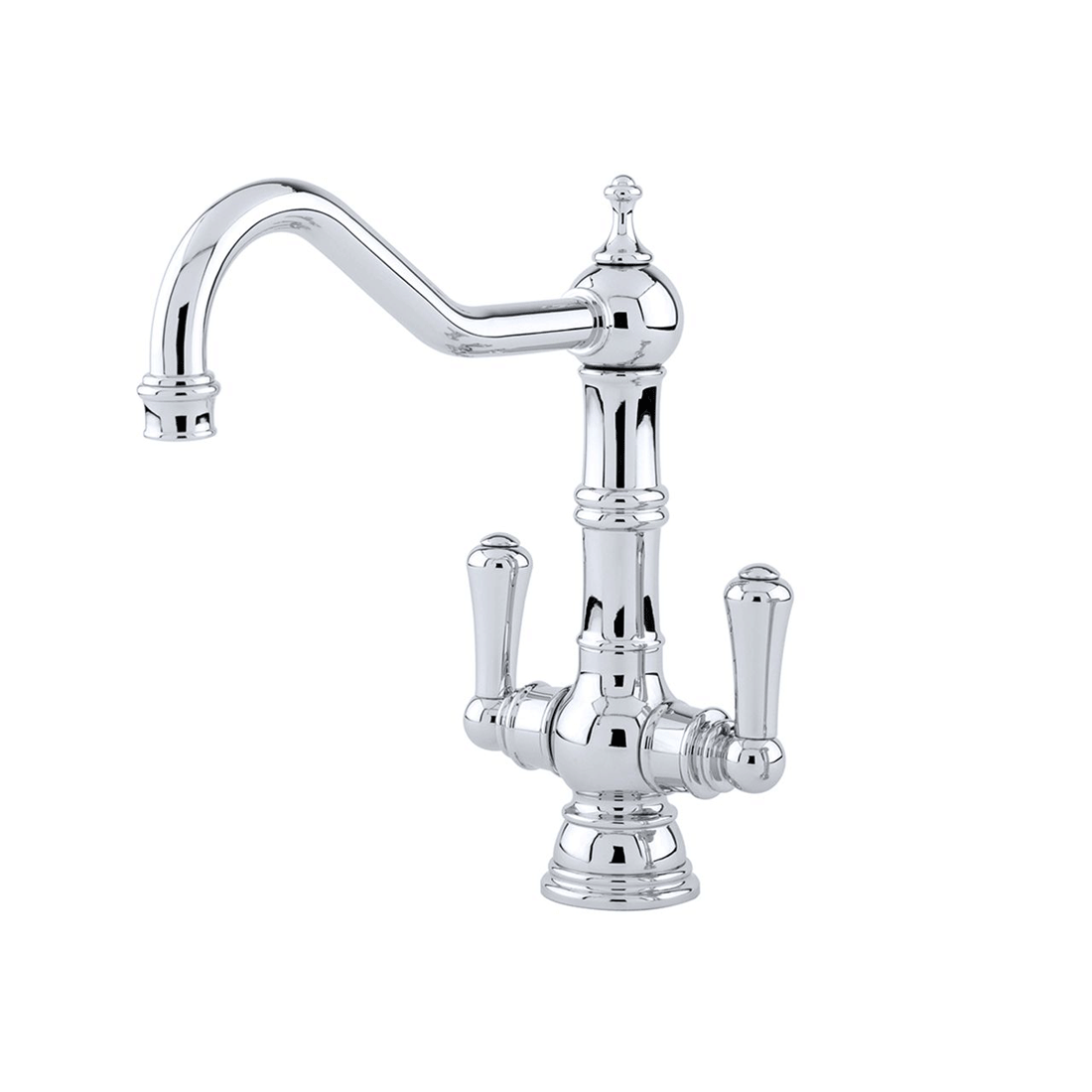 Verchromte Küchenarmatur im Retro-Design mit zwei Hebeln und hohem Auslauf für Spülbecken Küchenarmatur aus Chrom im klassischen Retro-Look mit zwei Bedienhebeln und gebogenem Auslauf auf weißem Hintergrund